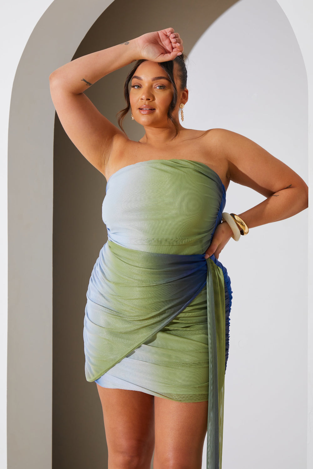Ombre Mesh Bandeau Drape Mini Dress