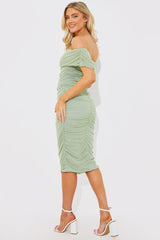 Mesh Bardot Ruched Midi Dress