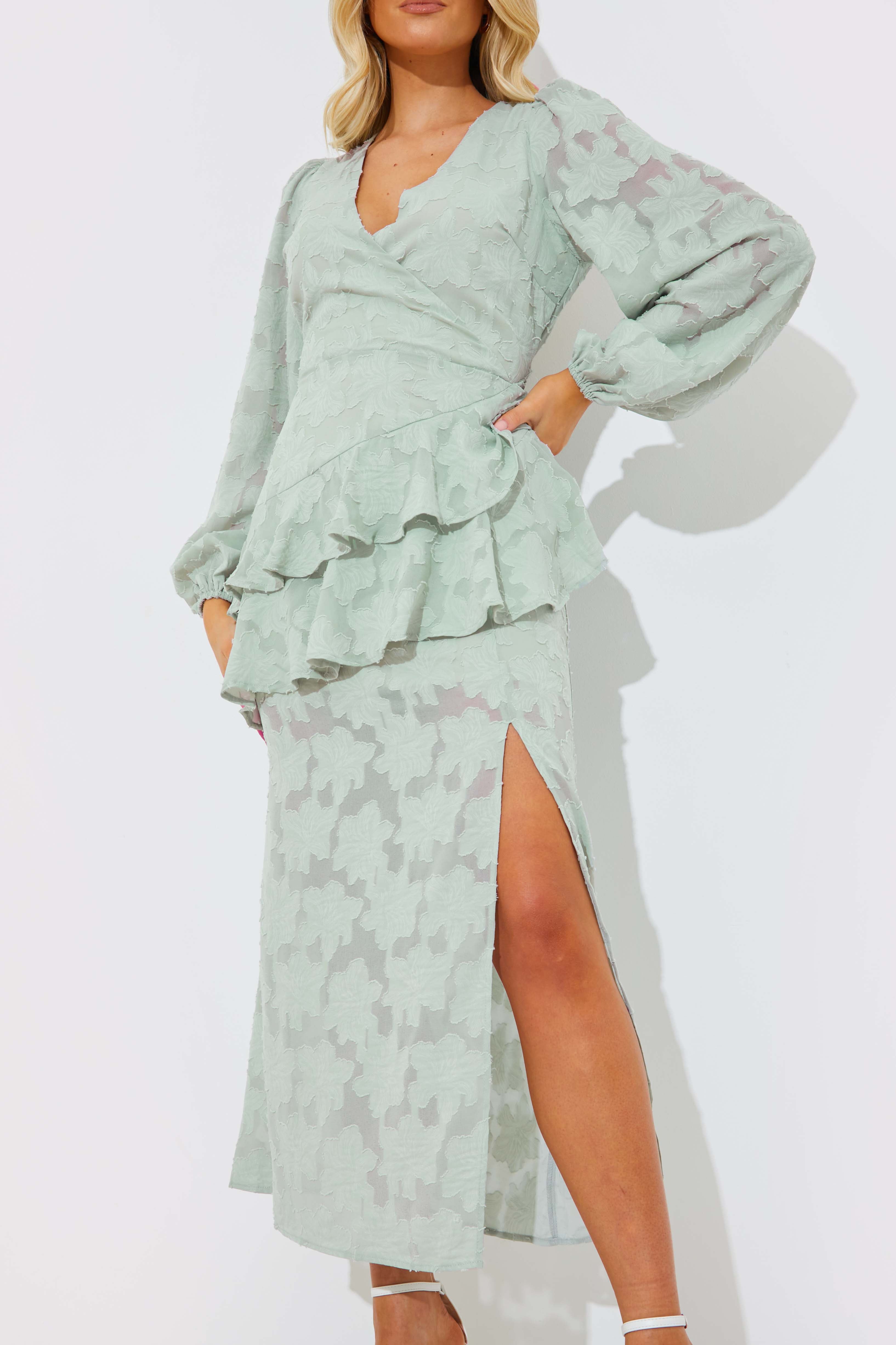 Jacquard Asymmetric Frill Wrap Midaxi Dress