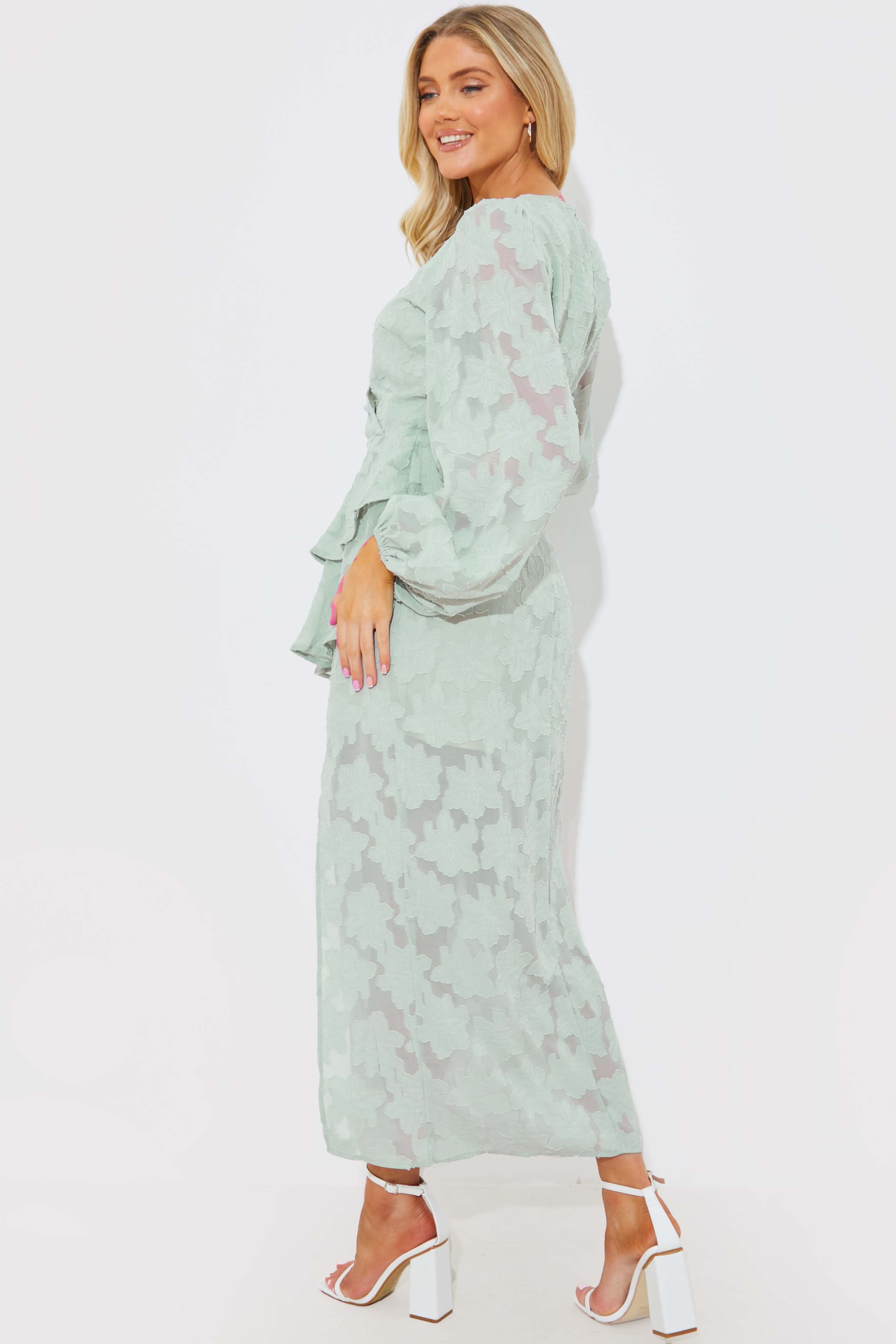 Jacquard Asymmetric Frill Wrap Midaxi Dress
