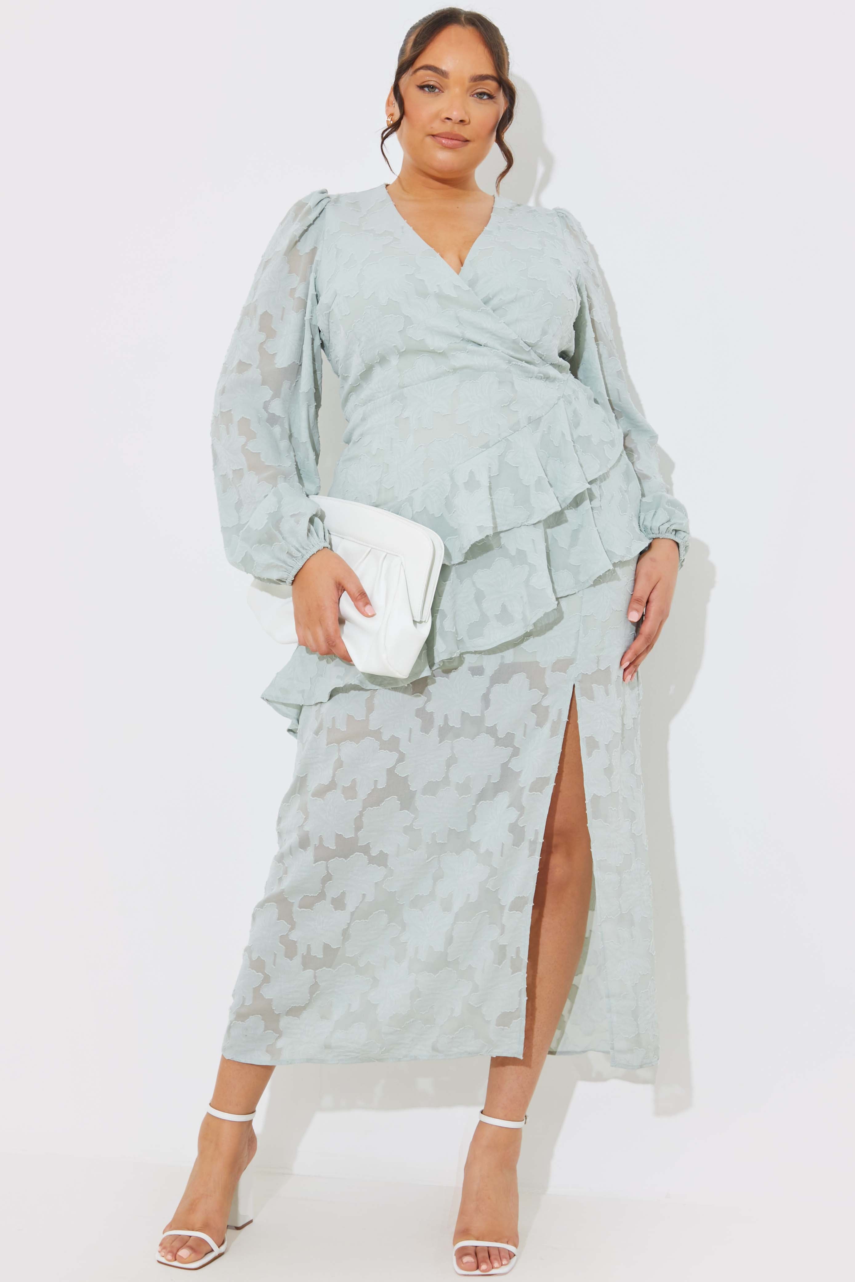 Jacquard Asymmetric Frill Wrap Midaxi Dress