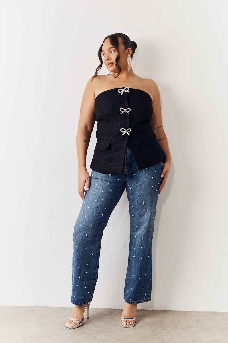 Black Boucle Bow Detail Bandeau Top