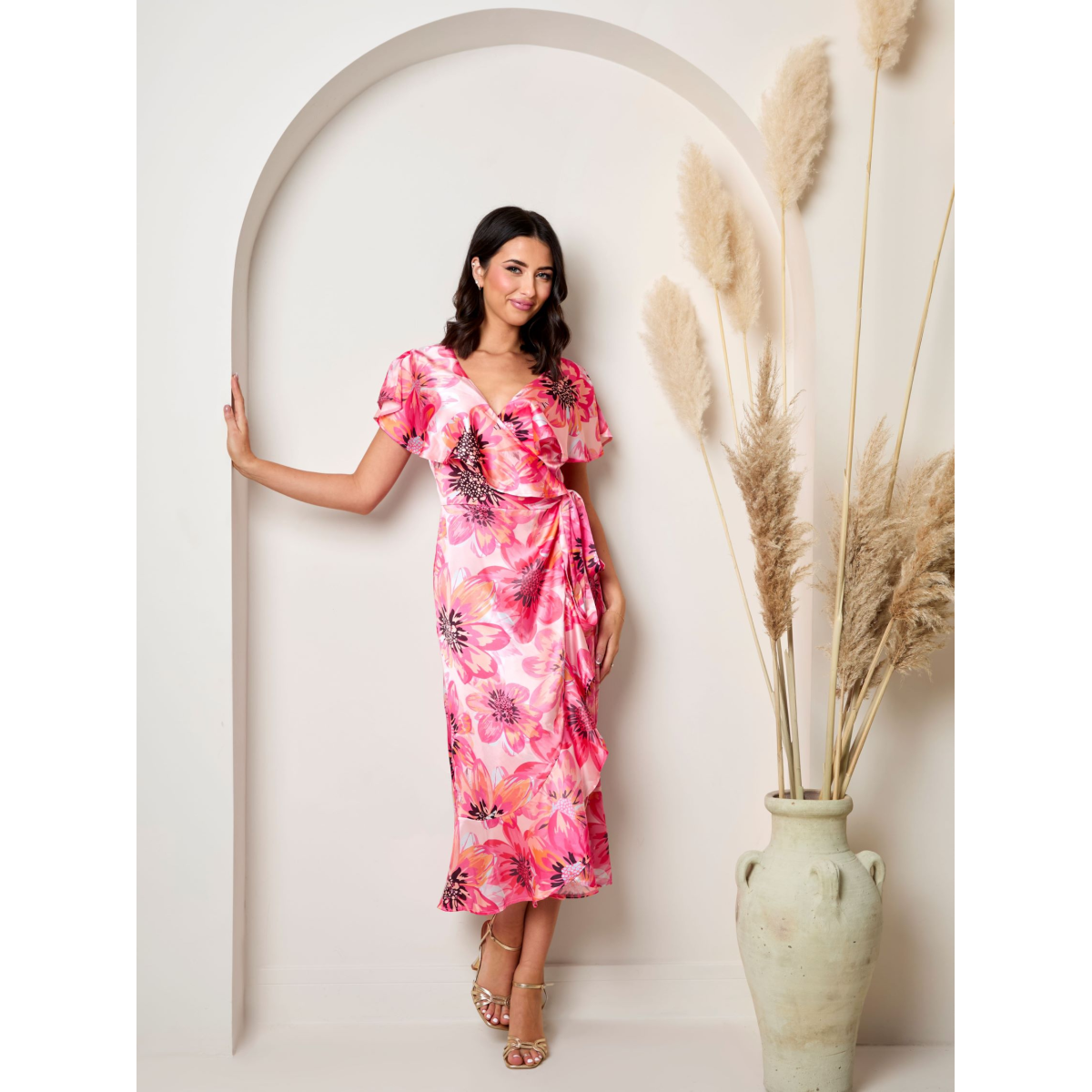 Chi Chi London Flutter Sleeve Satin Wrap Dress in Pink