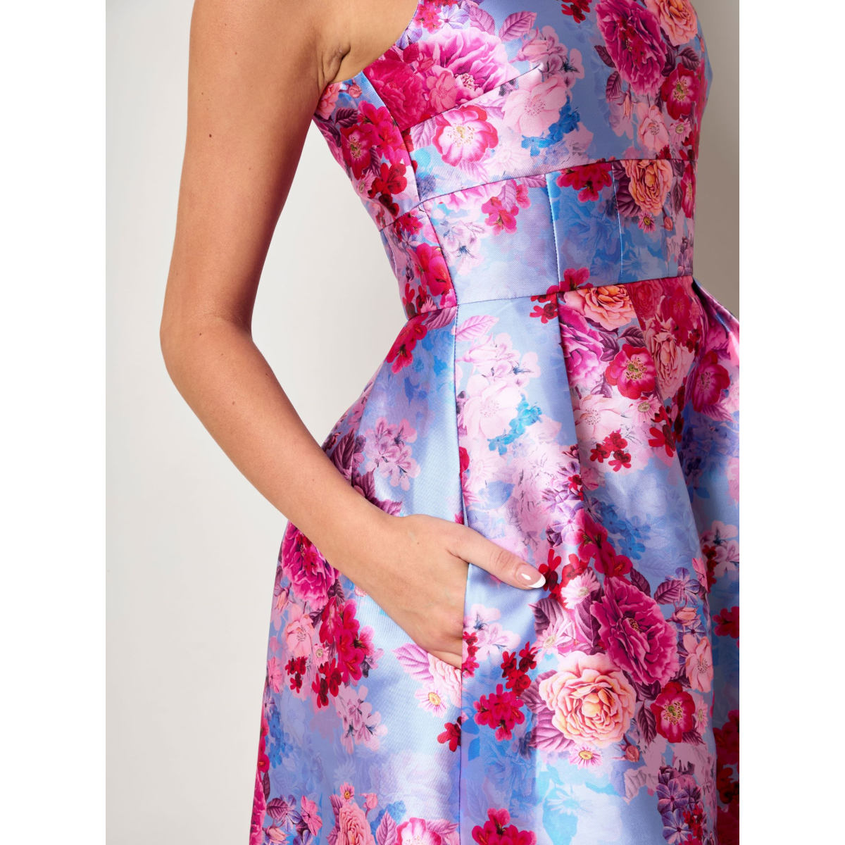 Sleeveless Floral Fit and Flare Midi Dress in Blue