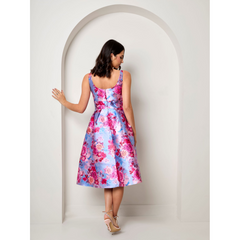Sleeveless Floral Fit and Flare Midi Dress in Blue