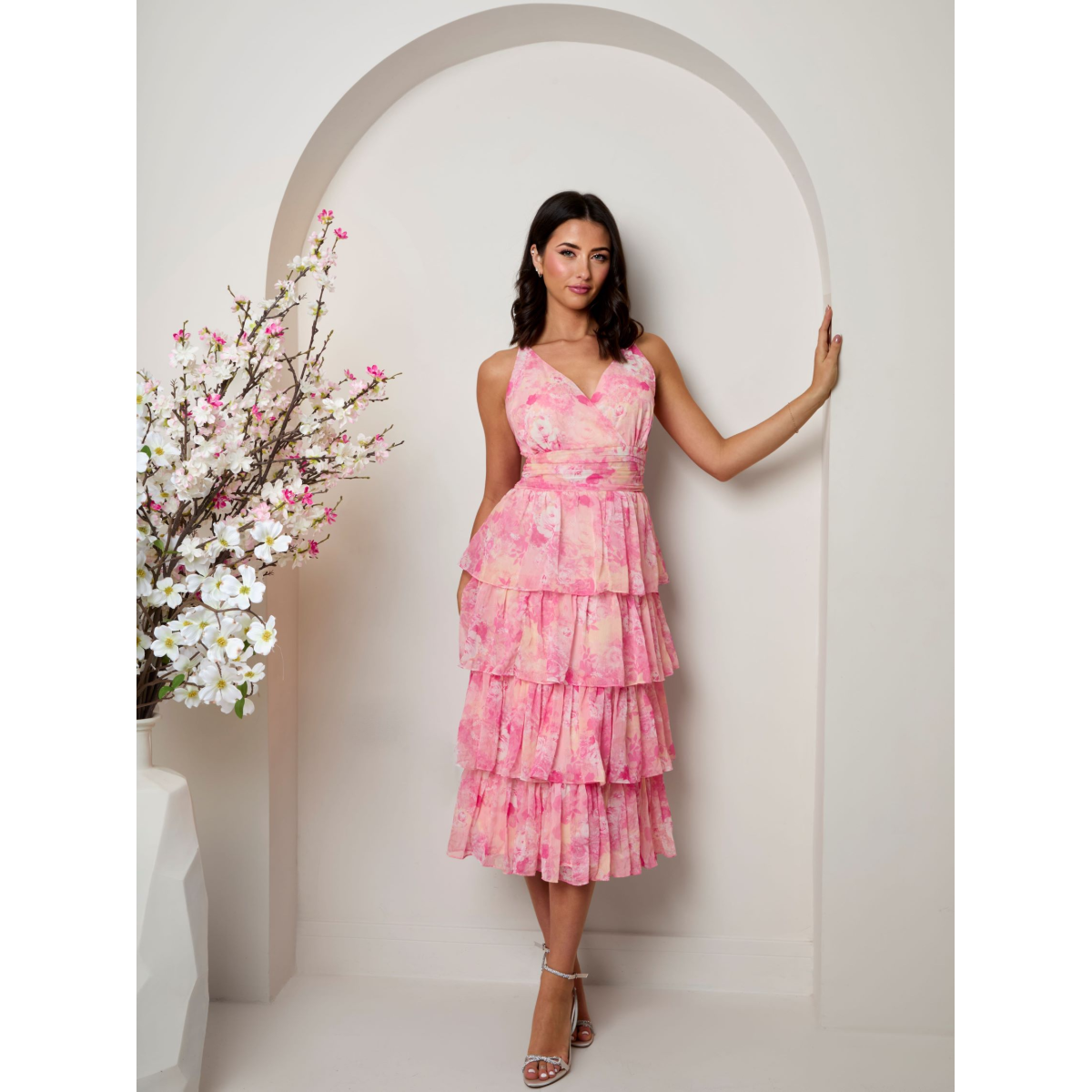 Chi Chi London Sleeveless Floral Print Midi Dress in Pink