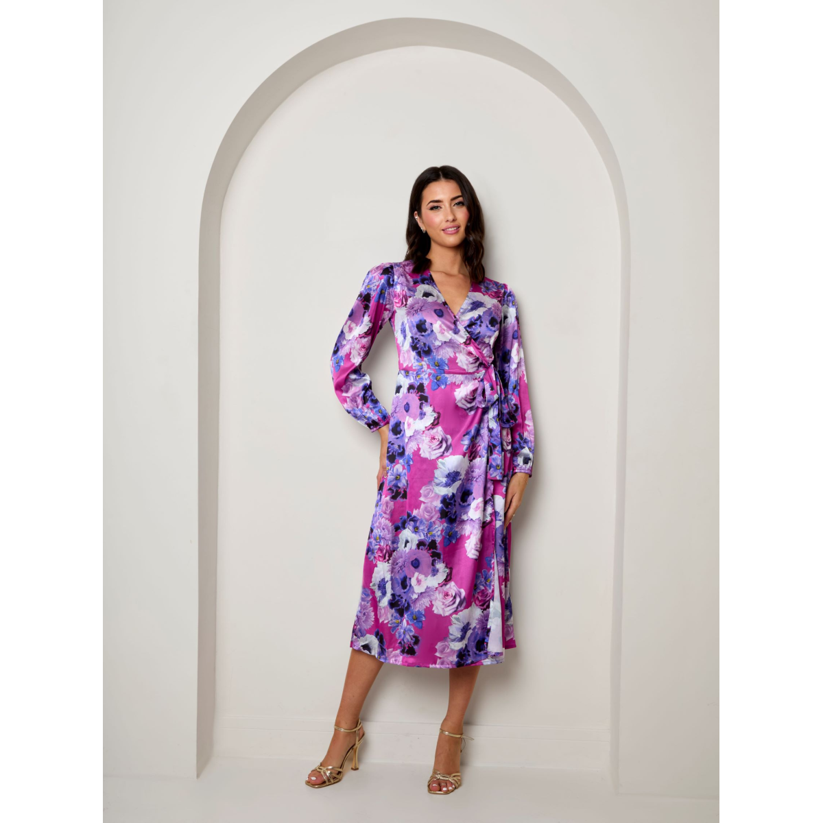 Long Sleeve Floral Wrap Dress in Purple