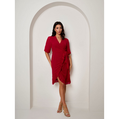 Puff Sleeve Dobby Ruffle Wrap Mini Dress in Red