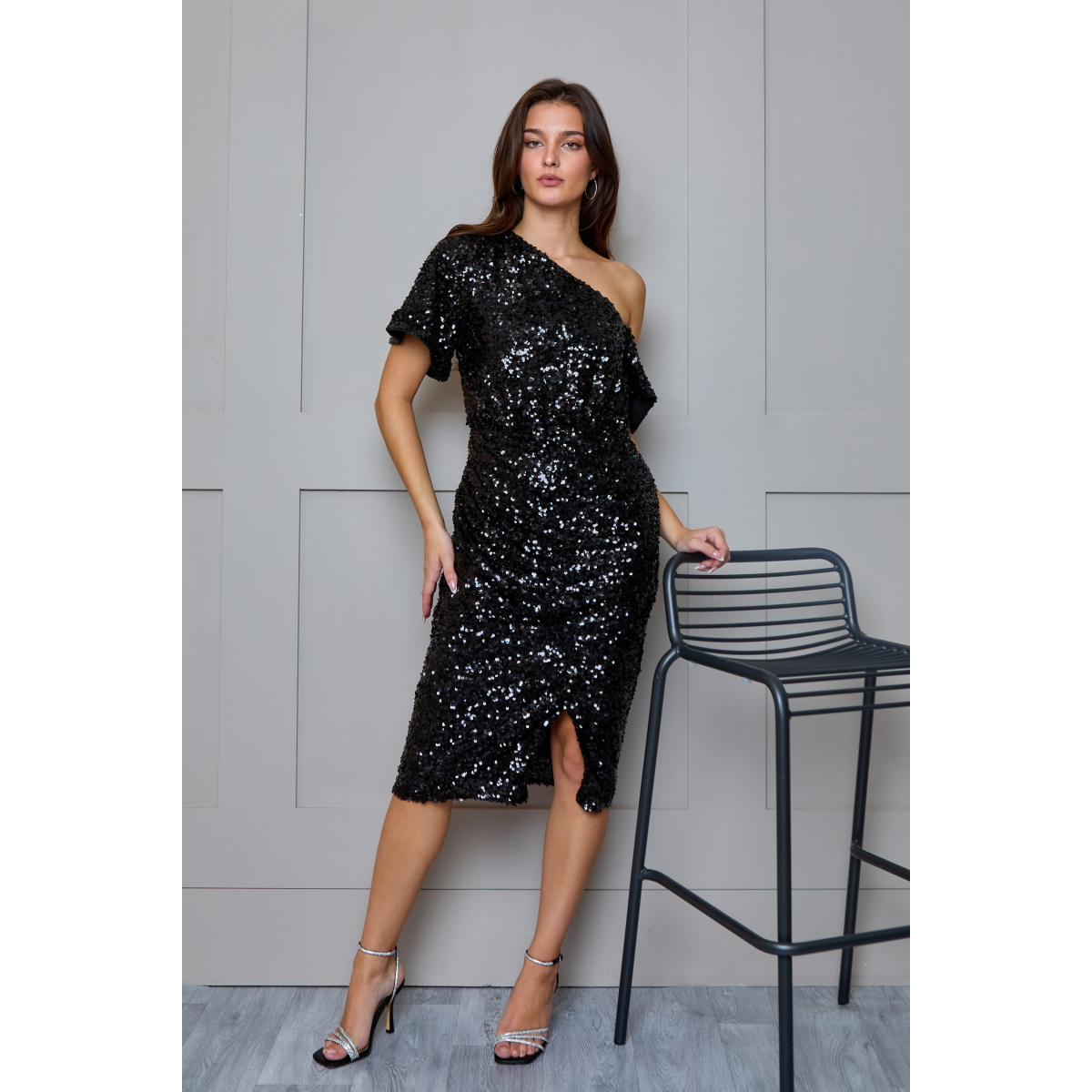 One Shoulder Ruched Sequin Midi Dress in Black