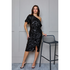 One Shoulder Ruched Sequin Midi Dress in Black