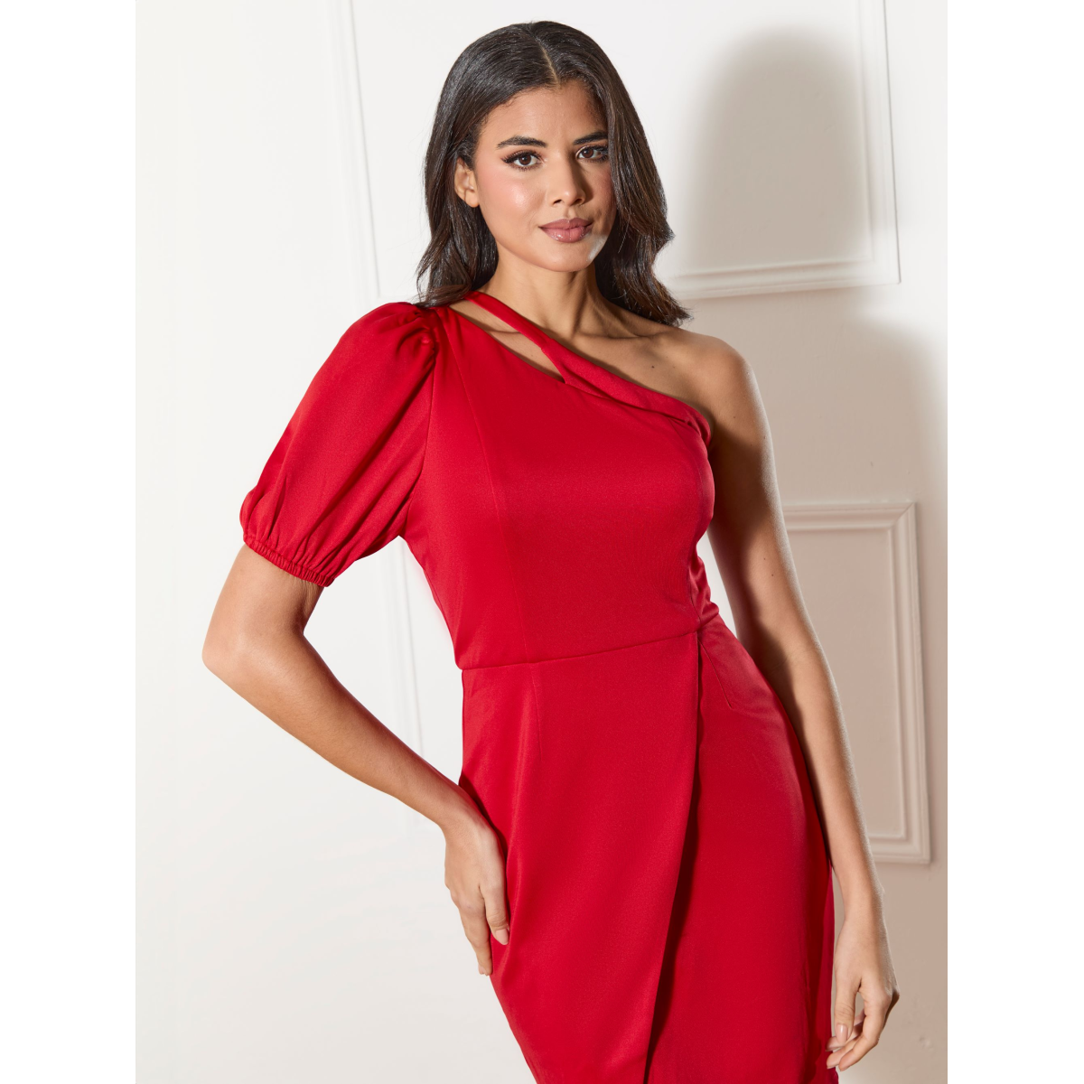 One Shoulder Puff Sleeve Bodycon Mini Dress in Red
