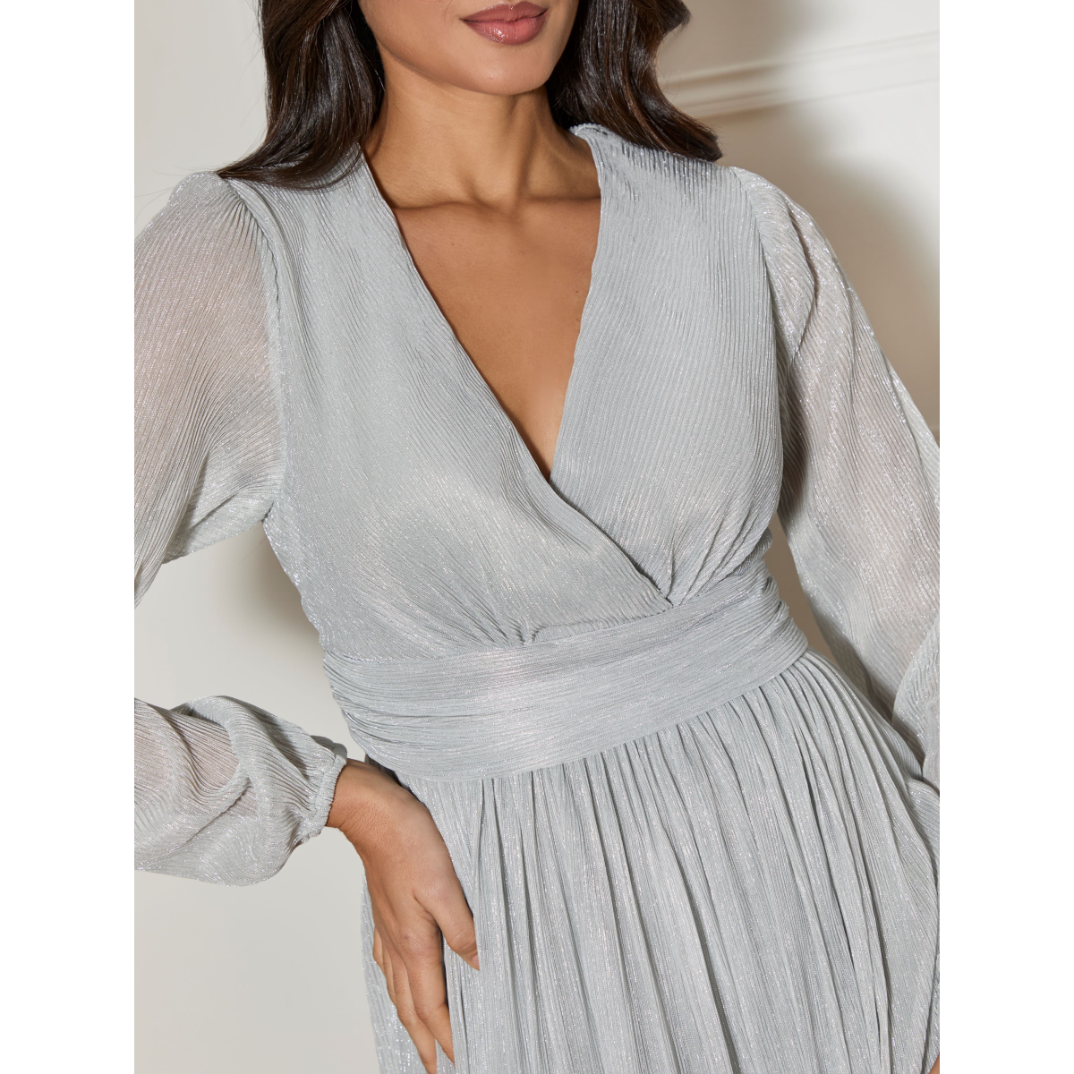 Long Sleeve Glitter Plisse Wrap Midi Dress in Silver