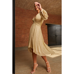 Long Sleeve Glitter Plisse Wrap Midi Dress in Gold