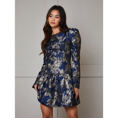 Long Sleeve Pephem Jacquard Mini Dress in Navy