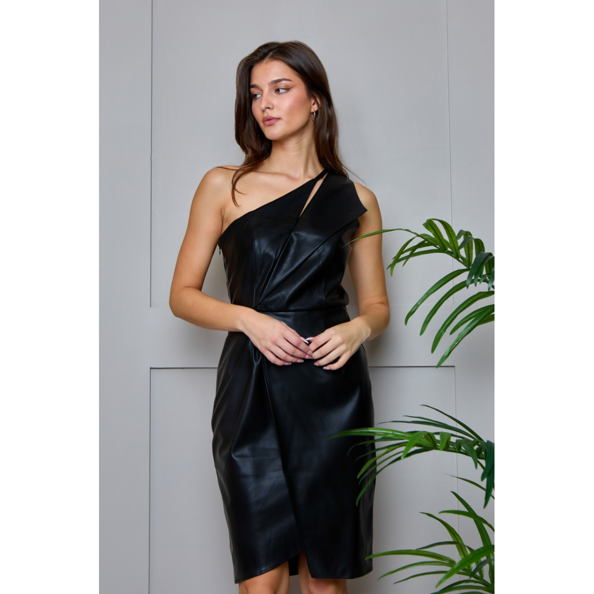 One Shoulder PU Cut Out Mini Dress in Black