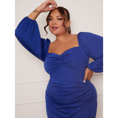 Plus Size Long Sleeve Bodycon Mini Dress in Blue