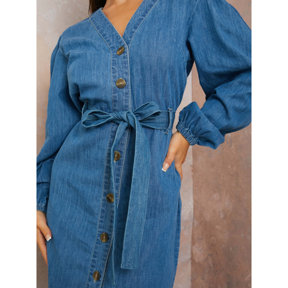 Long Sleeve Denim Shirt Dress in Blue