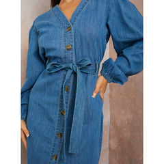 Long Sleeve Denim Shirt Dress in Blue