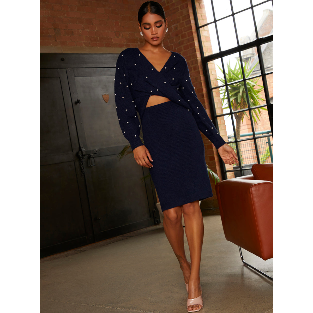 Pearl Detail Twist Front Knitted Midi Dress in Navy