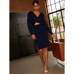 Pearl Detail Twist Front Knitted Midi Dress in Navy