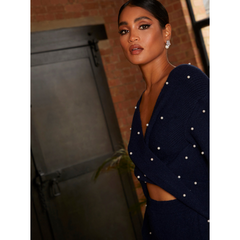 Pearl Detail Twist Front Knitted Midi Dress in Navy