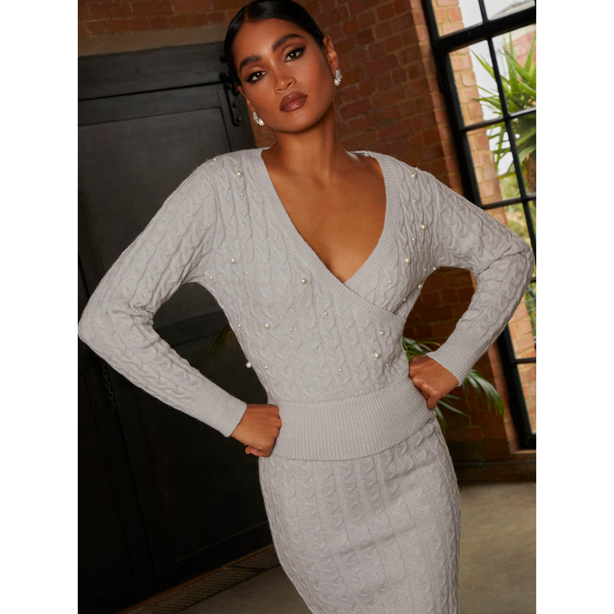Pearl Detail Cable Knit Wrap Style Jumper in Grey