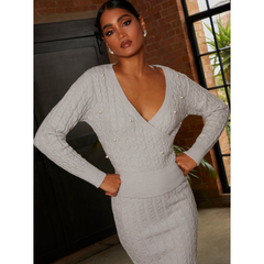 Pearl Detail Cable Knit Wrap Style Jumper in Grey