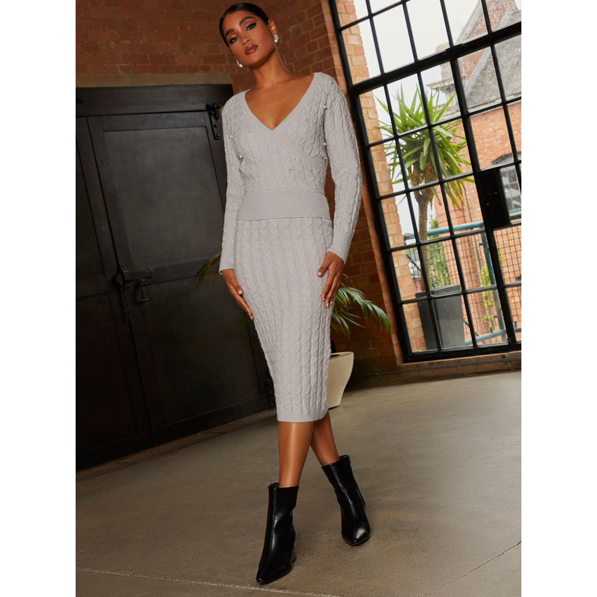 Pearl Detail Cable Knit Wrap Style Jumper in Grey