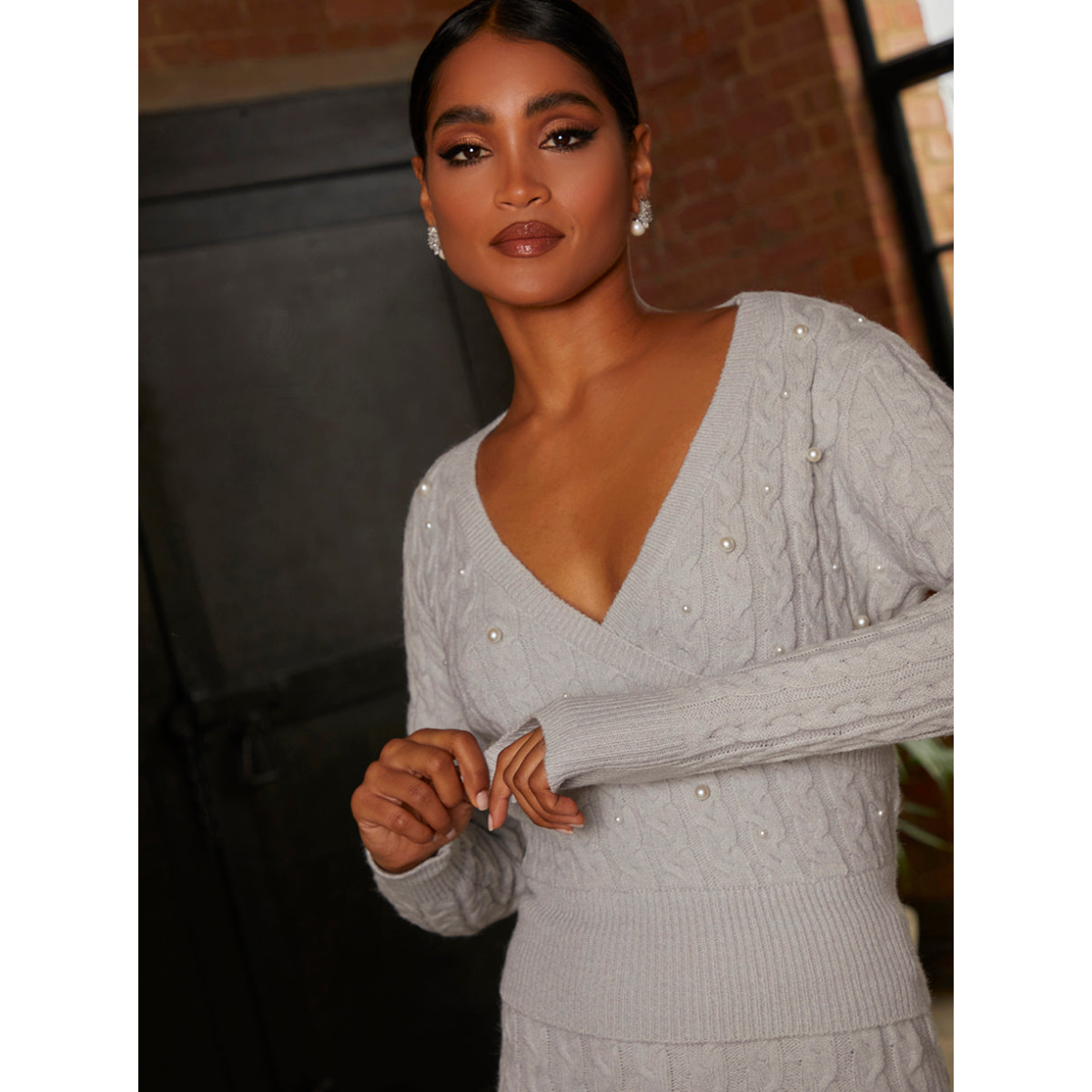 Pearl Detail Cable Knit Wrap Style Jumper in Grey