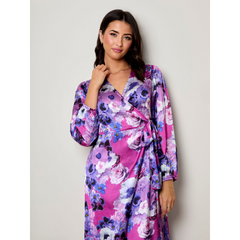 Plus Size Long Sleeve Floral Wrap Dress in Purple