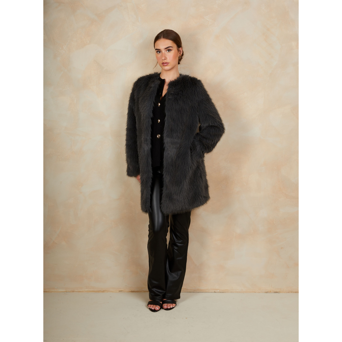 Shaggy Faux Fur Coat in Grey