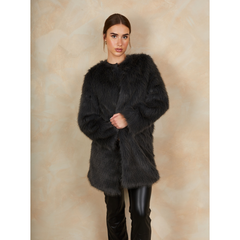 Shaggy Faux Fur Coat in Grey