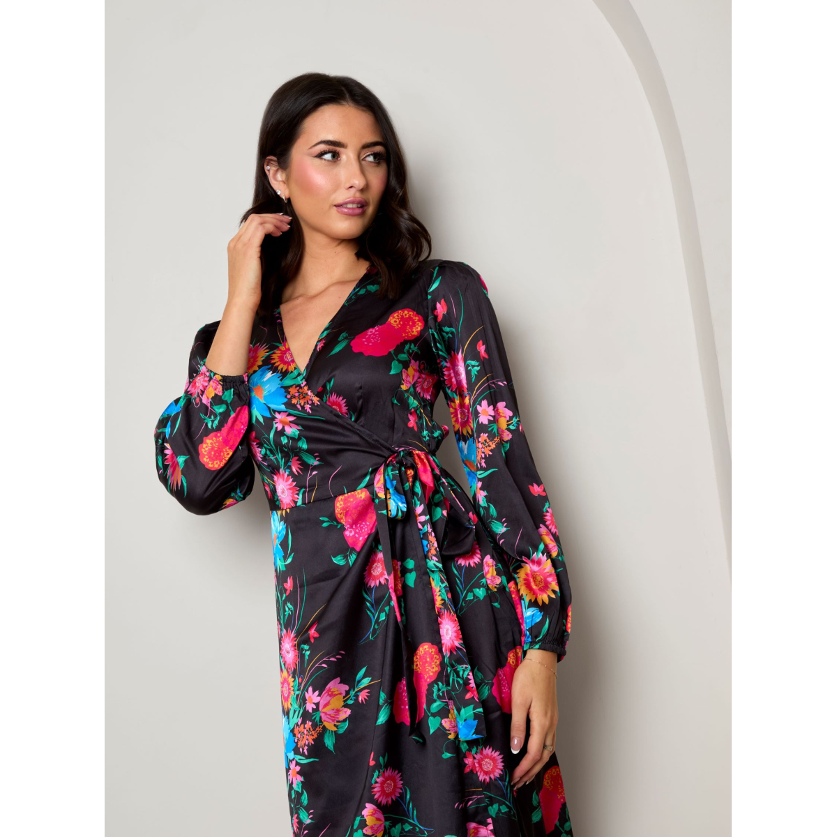Plus Size Long Sleeve Floral Wrap Dress in Black