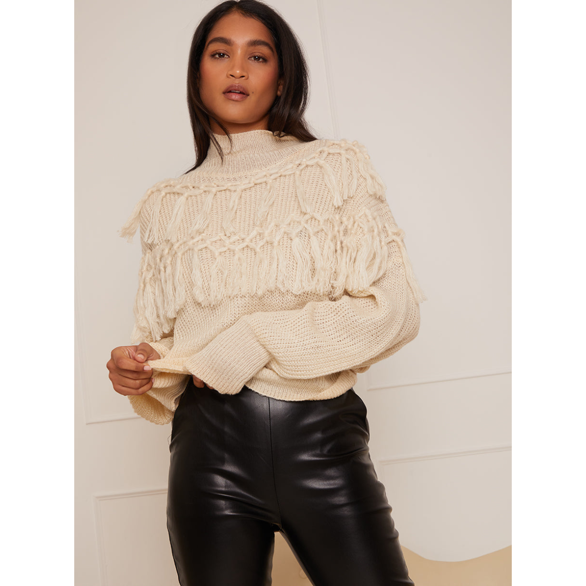 High Neck Tassel Detail Jumper in Cream