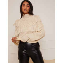 High Neck Tassel Detail Jumper in Cream