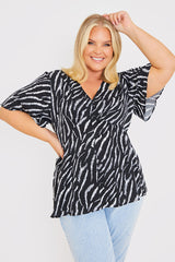 Zebra Plunge Button Front Blouse With Shirred Cuffs